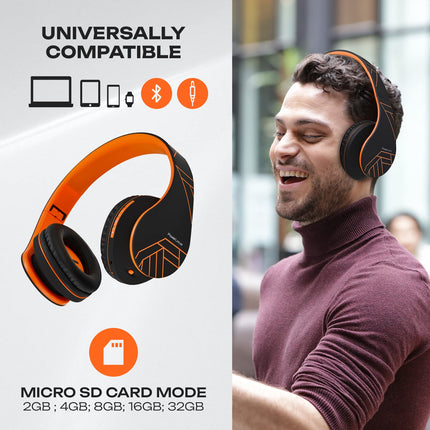 PowerLocus Bluetooth kõrvaklapid, juhtmevabad kokkupandavad stereokõrvaklapid, juhtmevabad ja juhtmega kõrvaklapid sisseehitatud mikrofoniga, Micro SD/TF, FM telefonide/iPadi/sülearvutite ja arvutite jaoks (must/oranž)