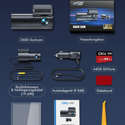 GKU autokaamera ees/taga 4K+1080P, 5 GHz WiFi autokaamera 64 GB SD-kaardiga, parkimismonitoriga, öönägemisega, WDR-iga, 170° lainurk, G-andur, tsükkelsalvestus, rakenduse juhtimine, max 256 GB
