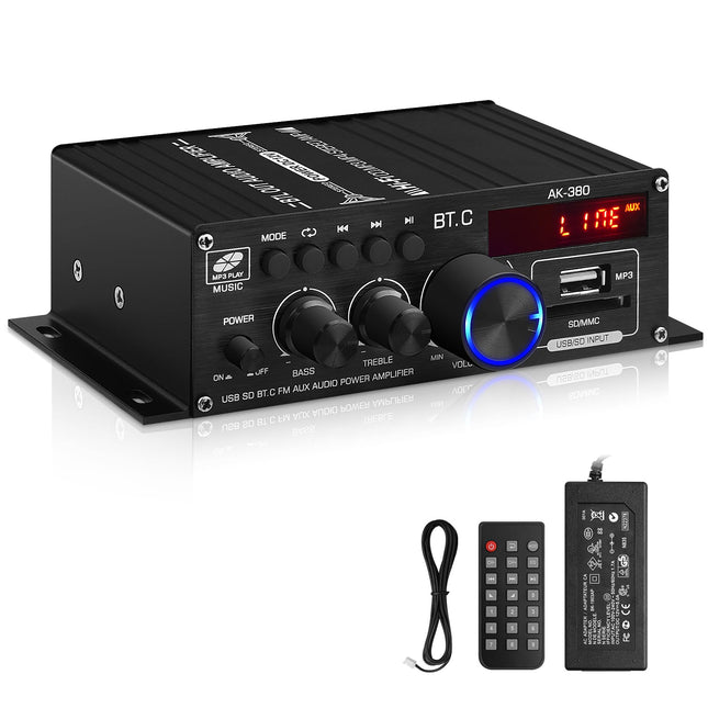 AK-380 Bluetooth 5.0 HiFi Amplifier 2.0-Channel 40W x 2 Max. 400W Mini Amplifier Stereo Audio Power Amplifier Receiver with USB SD Slot, FM Radio for Car and Home Speakers
