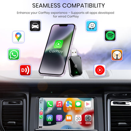 AIZEO juhtmevaba CarPlay adapter, ülikiire uuendus juhtmega CarPlayst juhtmevabaks, pistikprogrammiga ühilduv, miniatuurne ja stabiilne CarPlay juhtmevaba adapter, mis ühildub iPhone'i, iOS 10+ ja juhtmega CarPlayga autodega.