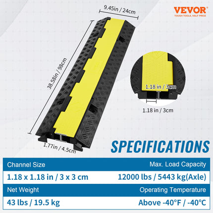 VEVOR 3x 2-Channel Cable Bridge 98x24x4.5cm Overrun Protection Rubber &amp; PVC Hose Bridge Max. Load Capacity 5443kg per Axle Channel Size 3x3cm Access Ramp Ideal for Parking Lots Warehouses Construction Sites
