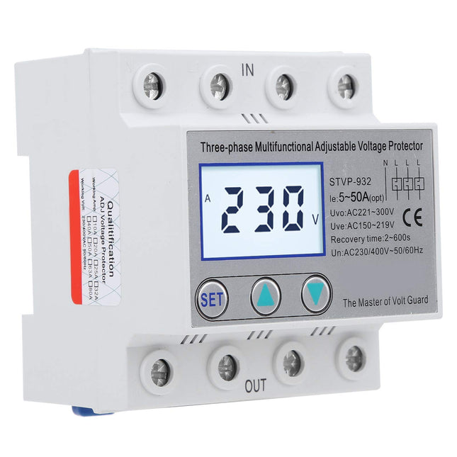 Pingekaitse, 230V/400V AC reguleeritav pingekaitse STVP-932 3-faasiline LCD multifunktsionaalne iselähtestuv ülepingekaitse (50A)