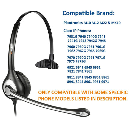 Wantek RJ9 Telephone Headset with Microphone Noise Cancelling &amp; Volume Control, Landline Telephone Headphones for Cisco Telephone 6921 6941 6945 7841 7942 7945 7960 7965 8811 8851(Y600C1)