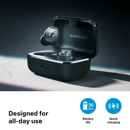 Sennheiser MOMENTUM True Wireless 4 - nutikad kõrvaklapid Bluetooth 5.4, kristallselge heli, ergonoomiline disain, 30-tunnine aku tööiga, adaptiivne ANC - must vask
