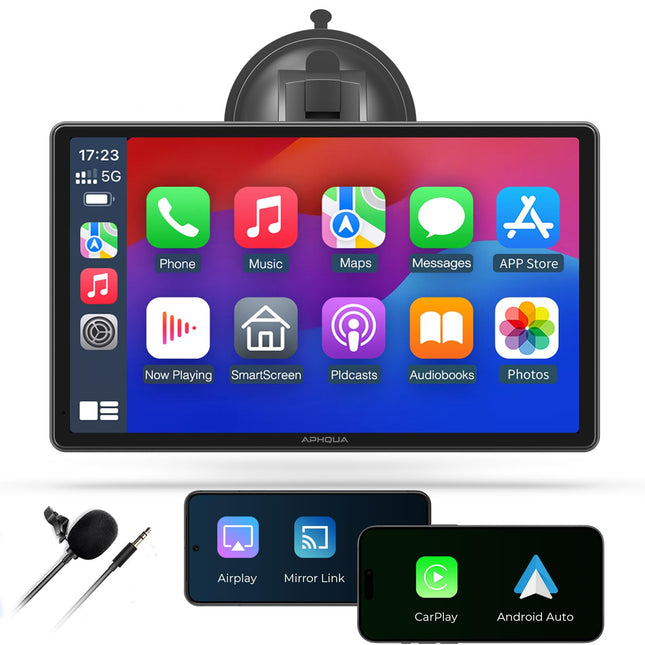 APHQUA CarPlay ekraan autole, 9-tolline juhtmevaba Apple CarPlay ja Android Auto autostereo, kaasaskantav puuteekraan autos mängimiseks GPS-navigatsiooni/peegliühenduse/Bluetoothi/FM/AUX/USB-ga (A98RC)