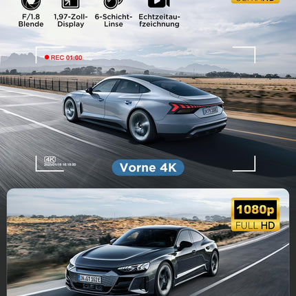 Topabol autoregistraator, 4K + 1080P autoregistraator ees ja taga, WiFi-ga autoregistraator 64 GB SD-kaardiga, kahekordne autokaamera öönägemisega, 170° lainurk WDR, G-andur, tsükkelsalvestus, rakenduse juhtimine, max 256 GB