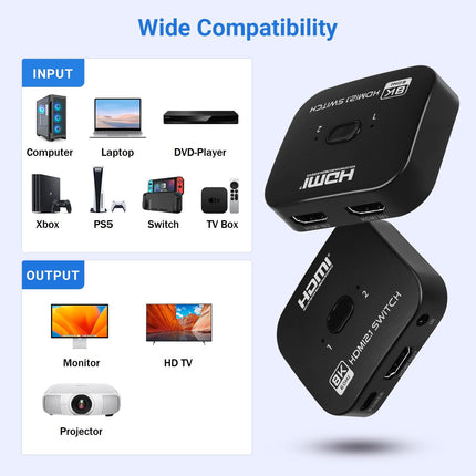 TCNEWCL 8K 60Hz HDMI lüliti 1 sisse 2 väljundit või jaotur 2 sisse 1 väljund toitekaabliga, 4K 120 Hz jaotur teleri/arvuti/sülearvuti/DVD/PS4/PS5/Xboxi/TV-pulga/mänguboksi/Blu-Ray mängija/projektori jaoks