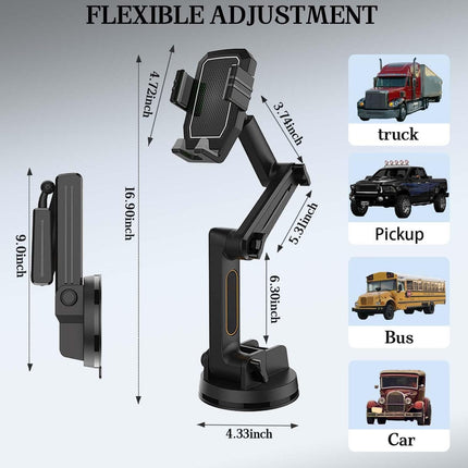 Truck Phone Mount, Car Phone Mount, Dashboard Windshield Phone Mount, 16.9 Inch Long Arm, Super Suction Cup, Robust Phone Holder, Shockproof, Black