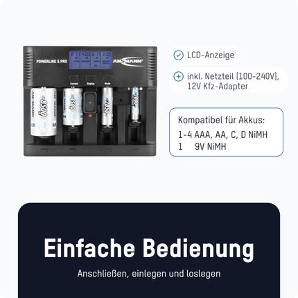 ANSMANN Powerline 5 Pro laadija NiMH/NiCd akude jaoks - LCD-ekraan, mikroprotsessoritehnoloogia, mitmekordne kaitse