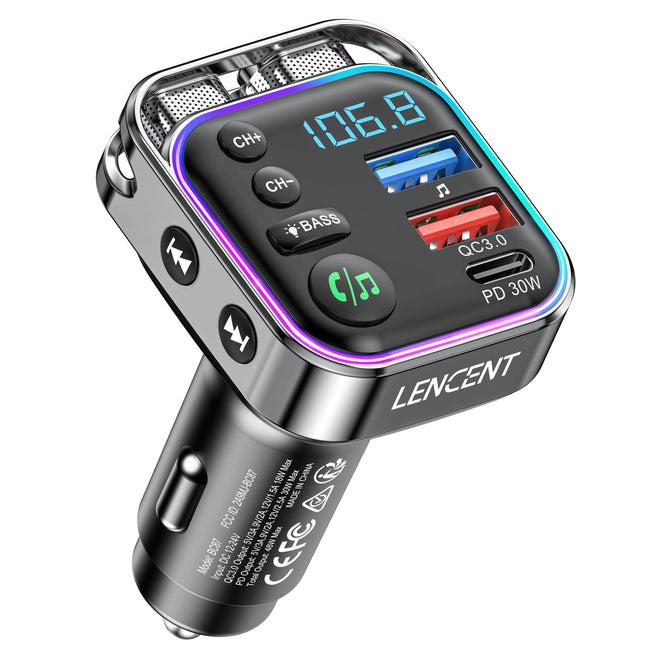 LENCENT Bluetooth 5.3 FM-saatja, PD 30W ja QC3.0 kiirlaadija, Hi-Fi muusika selge kõne, autoraadio adapter, käed-vabad komplekt
