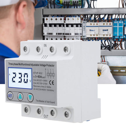 230V/400V AC reguleeritav pingekaitse STVP-932 3-faasiline LCD multifunktsionaalne iselähtestuv ülepingekaitse (80A)