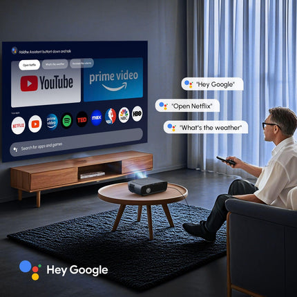 Projector 4K with Google TV, 1900 ANSI Home Theater Smart Projector Daylight Suitable with ToF CMOS Laser Autofocus, Dolby Audio, HDR, NFC, WiFi, Bluetooth, LED Video Projector for Ceiling Mounting Bright Rooms