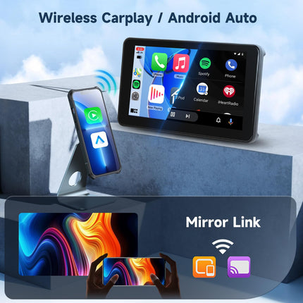 Hodozzy kaasaskantav autoraadio juhtmevaba Carplay Android Auto, 7-tolline puutetundliku ekraaniga autoraadio Bluetooth Hands-Free/Mirrorlink/Super Link/Hääljuhtimine/TF-kaart/AUX, auto multimeediamängija