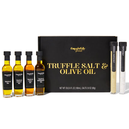 Thoughtfully Gourmet gurmeetrühvli soola ja oliiviõli kinkekomplekt sisaldab 4 esmaklassilist ekstra neitsioliiviõli ja 2 trühvli soola päris trühvlitega, 6 toote komplekt.