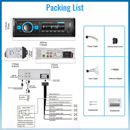 Hodozzy DAB+/DAB autoraadio 1 DIN Bluetooth 5.0, 2xUSB/SD/EQ/Aux-sisend, roolil juhtimine, käed-vabad süsteem, MP3-mängija, 25W*4