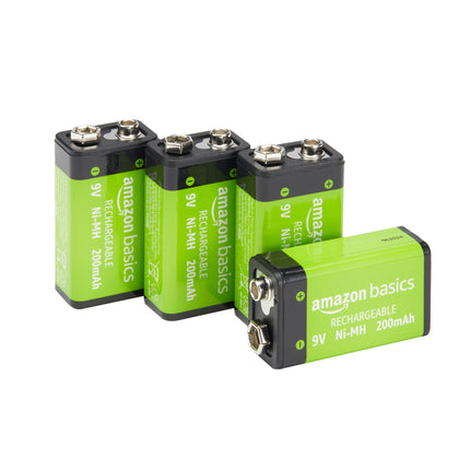 Amazon Basics 9V NiMH Rechargeable Batteries, 200 mAh, Up to 1000 Charges, Pre-Charged, 4 Pack