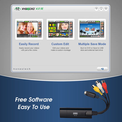 USB 2.0 Audio Video Grabber Converter - August VGB100 - Scart, S-Video, Composite - VHS Hi8 cassette camcorder digitize to DVD transfer video adapter SECAM PAL - for Windows 11/10/8/7/Vista/XP