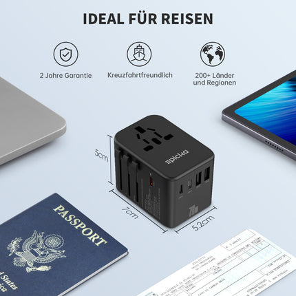 EPICKA ülemaailmne reisiadapter, GaN universaalne reisipistik 70W PD kiirlaadija, reisiadapter 3 USB-C, 2 USB-A, rahvusvahelise pistikupesaga adapteriga Saksamaale, USA-le, Suurbritanniale, Jaapanile ja Taile TA-105 Pro