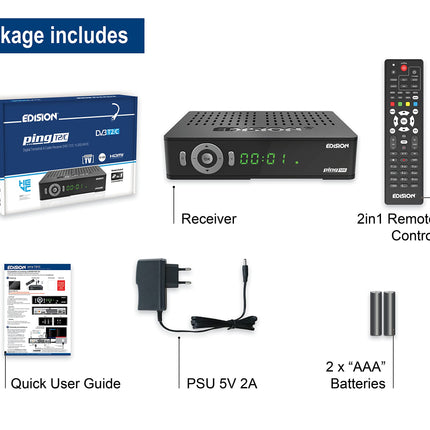 Edision PING T2 C maapealse ja kaabeltelevisiooni vastuvõtja DVB-T2 C H.265 HEVC kaardilugeja Full HD PVR, 2xUSB, HDMI, SCART, LAN, S PDIF, IR Eye, R2232, USB WiFi tugi, universaalne 2-ühes kaugjuhtimispult, must