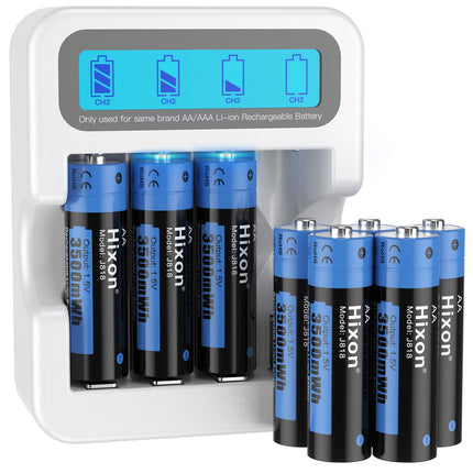 Hixon Lithium AA Batteries, Rechargeable 1.5V AA Lithium Battery, 3500mWh and 1600 Long Cycles, 8 Pack Lithium 1.5V AA Batteries with White Fast Charging LCD Display Charger