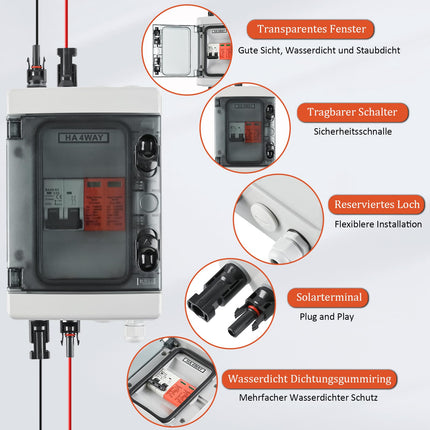Ülepingekaitse PV DC 1000V, alalisvoolu lahklüliti PV-süsteemile 2P 32A ja päikesepaneelide piksekaitse 40KA, IP65 veekindel päikesepaneelide ühenduskarp 1-stringiga 4 moodulit päikesepistikuga (1 sisse ja 1 välja).