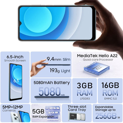 Blackview A53 4G Mobile Phone without Contract, Helio A22 3GB 16GB (256GB Expandable), 12MP + 5MP, 6.5'' HD+ Screen, 3 Card Slots, 5080mAh Battery, Dual-SIM Smartphone Android 12, GPS Black
