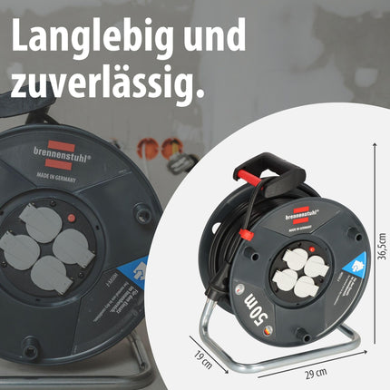 Brennenstuhl Garant V2 kaablirull 50m kaabel (valmistatud Saksamaal, 4 maandatud pistikupesa, ülekuumenemiskaitse, spetsiaalsest plastist rullkorpus)