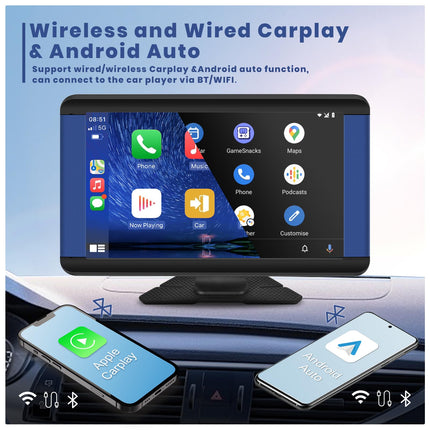 Podofo 7-tolline autostereo juhtmevaba Carplay ja Android Autoga, puutetundliku ekraaniga Bluetooth-automonitoriga, mis toetab peegli linki iOS-ile/Androidile, hääljuhtimisega, ekvalaiseriga heli seadistusega, USB/TF/AUX sisendiga