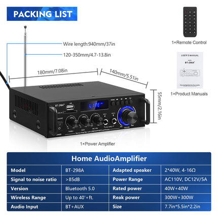 HiFi võimendi BT-298A+ Bluetooth 5.0 mini stereo võimendi vastuvõtja 2 kanalit 40W x 2 digitaalne võimsusvõimendi helivõimendi FM-raadio, SD/USB-kaardi sisendiga kodu-/autokõlaritele
