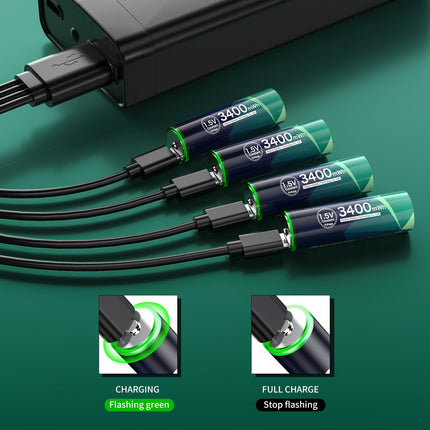 GRbatty USB laetavad AA liitiumakud 12 tk, 1,5 V USB C laetavad akud AA 3400 mWh, 4-ühes laadimiskaabliga, 1-tunnine kiirlaadimine