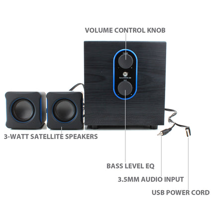 GOgroove 2.1 arvuti kõlarisüsteem subwooferiga SonaVERSE LBr - USB 3,5 mm AUX-audiosisendiga, bassi/helitugevuse reguleerimine, 11 W RMS - kompaktne suurus Ideaalne sülearvutile, väiksem