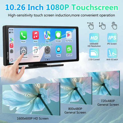 Carpuride V92 Portable Car Stereo Wireless Carplay &amp; Android Auto, 10.26 inch 1080P HD Touchscreen Radio with BT 5.0, Mirror Link Mount Truck RV Dashboard