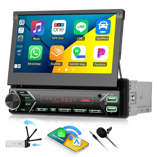 CAMECHO 1 DIN juhtmevaba Carplay Android Auto, 7-tolline autoekraan, autoraadio DAB-i, Bluetoothi ​​ja vabakäesüsteemiga, peegliühendusega FM-raadio, 2 USB-porti/C-tüüpi/AUX-sisendiga