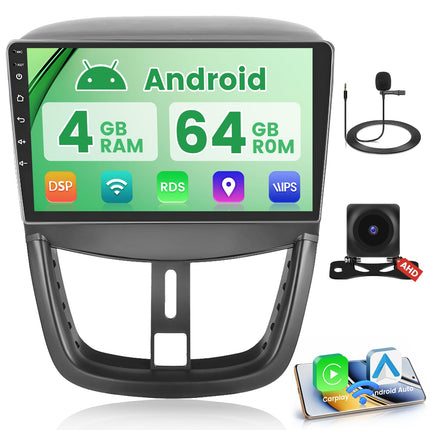 4+64GB Android 13 Car Radio for Peugeot 207 2006-2015 Wireless Carplay Android Auto, 9" Screen Bluetooth Car Radio Navigation Rear View Camera WiFi FM RDS Radio SWC