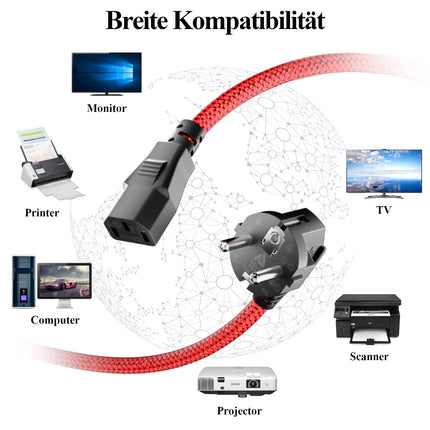 Toitekaabel 3-kontaktiline, RIKSOIN külmseadmete kaabel 3m nailonist punutud universaalne toitekaabel (CEE 7/7 kuni IEC60320 C13) VDE-ga monitoride, arvutite, printerite, PS3/PS4 PRO, skannerite, telerite, ekraanide, projektorite jne jaoks.