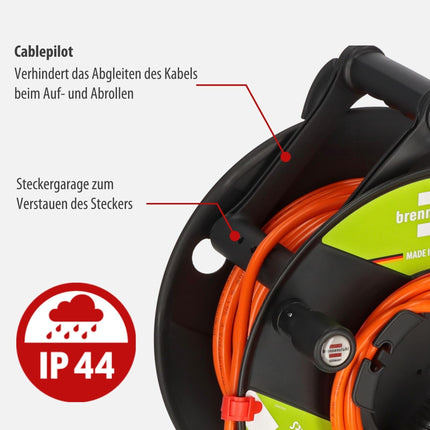 Brennenstuhl Garant G Bretec IP44 garden cable reel with recycled plastic components (with 38+2m orange cable, special plastic, short-term outdoor use, Made in Germany)