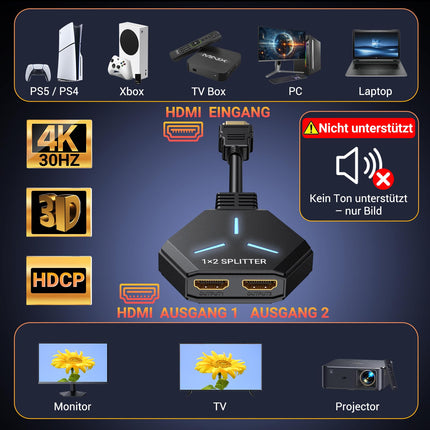 KiWiBiRD HDMI jaotur 1 sisse 2 väljundit HDMI jaotur 2 monitori samaaegselt paljundaja kaks monitori 4K 3D 2160p 1440p 1080p HDCP, ühildub PS5 teleri, televisiooni, mänguarvuti, sülearvuti, projektoriga