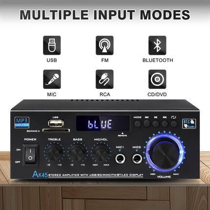 AK45 HiFi võimendi, stereovõimendi, 40W x 2 mini-audio vastuvõtja, 2-kanaliline Bluetooth 5.0 võimendi, digitaalne HiFi stereovõimendi, USB, SD, FM ja RCA-ga kodu- või autovarustuseks