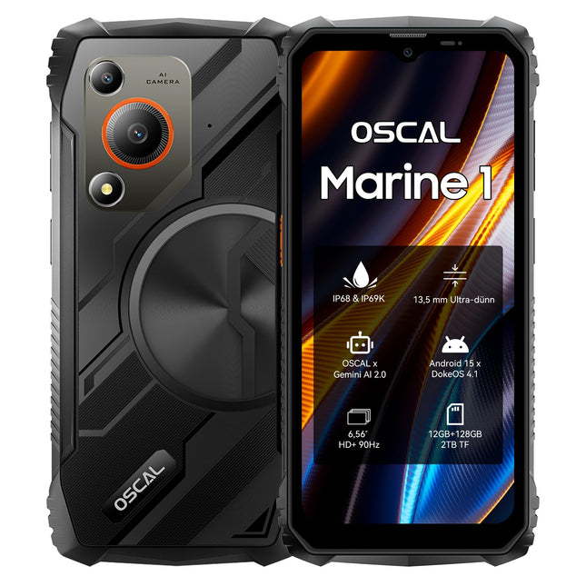 OSCAL Marine 1 Gemini AI 2.0 Outdoor Handy Ohne Vertrag Android 15, 12GB+128GB/2TB TF Outdoor Smartphone, 6.56" HD+ 90Hz, 16MP+8MP AI Kamera Baustellenhandy, IP69K Wasserdicht, Dual SIM 4G/NFC/OTG/GPS