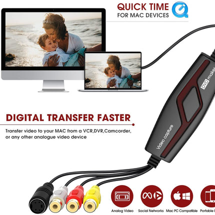 DIGITNOW! Video Grabber teisendab Hi8 VHS-i digitaalsele DVD-le Windows 10 / Maci jaoks, videokaart Scart / AV-adapteriga, ühe puutega videosalvesti - redigeeri, salvesta ja kirjuta DVD-le