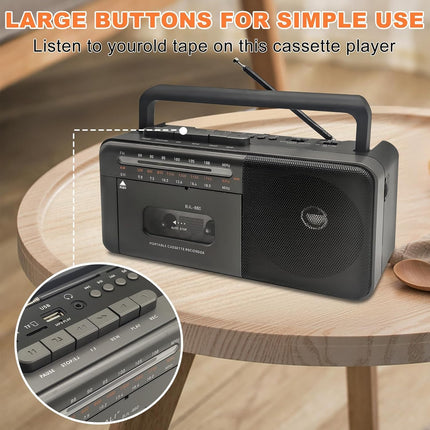 Cassette player Bluetooth Boombox, Tape Recorder AM/FM/SW Radio Stereo Tape Player/Recorder with large speaker and headphone jack, USB/TF/MP3 Tape Player AC powered or