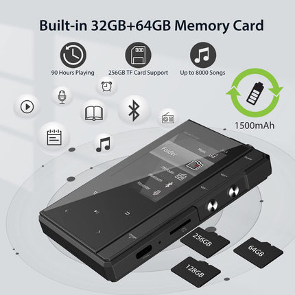 96 GB MP3-mängija Bluetooth 5.0-ga, Phinistec Z6 digitaalne audiopleier kõlariga, 2,4-tolline IPS-muusikapleier, üliäge aku tööiga, FM-raadio, e-raamatute, videote ja kuni 256 GB helisalvestus
