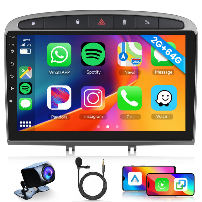 2G+64G Android autoraadio Peugeot 308 408 2007-2015 mudelitele koos juhtmevaba Carplay, Android Auto Mirrorlink, Hodozzy 9-tollise puutetundliku ekraaniga autoraadio navigatsiooniga, DSP, Bluetooth, WiFi, FM/RDS raadio, roolil juhtimine