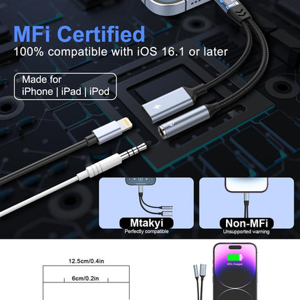 【Apple MFi sertifitseeritud】 2-ühes Lightning - 3,5 mm kõrvaklapipesa adapter iPhone'ile ja laadijale, kõrvaklappide muundur, jagaja, tugi muusikale + laadimine + HiFi + mikrofon + juhtimine iPhone'ile