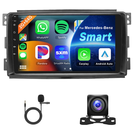 Hodozzy 2G 64G Android autoraadio Mercedes-Benz Smart Fortwo 2005-2010 Carplay Android Auto, 9-tolline puuteekraan navigatsiooniga WiFi Bluetooth HiFi FM RDS raadio ekraan 2 DIN Mercedesele, kaamera