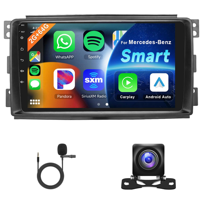 Hodozzy 2G 64G Android autoraadio Mercedes-Benz Smart Fortwo 2005-2010 Carplay Android Auto, 9-tolline puuteekraan navigatsiooniga WiFi Bluetooth HiFi FM RDS raadio ekraan 2 DIN Mercedesele, kaamera