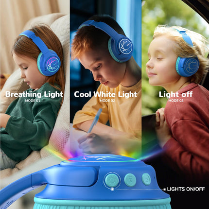 iClever Bluetooth kõrvaklapid lastele LED-tuledega, 74/85dBA helitugevuse piirang, 43 tundi mänguaega, stereoheli, Type-C, AUX-kaabel, Bluetooth 5.3 laste kõrvaklapid tahvelarvuti/reisimiseks