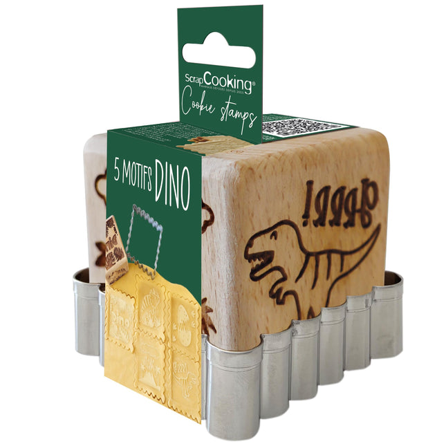 SCRAP COOKING ScrapCooking – Puidust küpsetustempel dinosauruse motiiviga – 1 küpsisevormi ja täringuga, millel on 5 reljeefset külge – Dino džungli kaunistuskuju – 5299