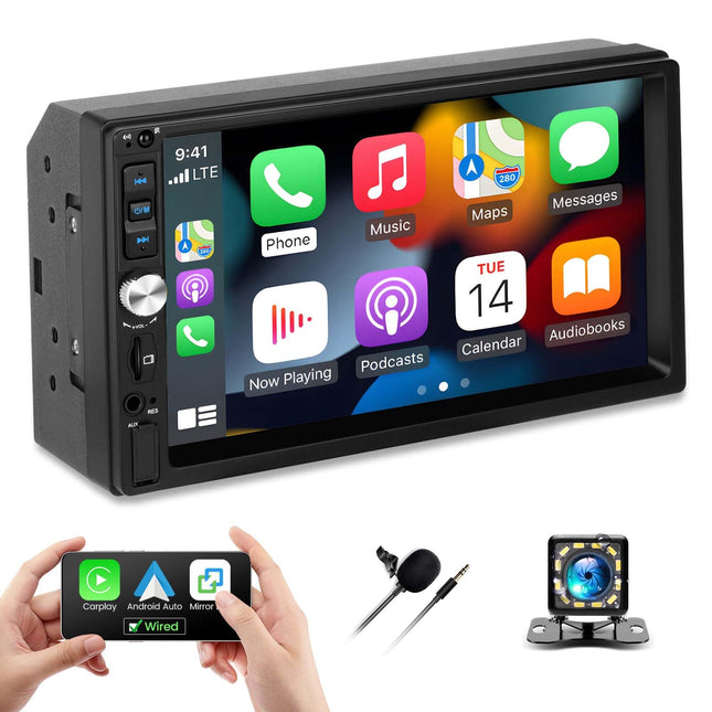 7 inch LCD touchscreen 2 DIN car radio with Android Auto Carplay wired, car radio 2 DIN with Bluetooth FM car audio support Mirror-Link SWC settings backlight colorful rear view camera
