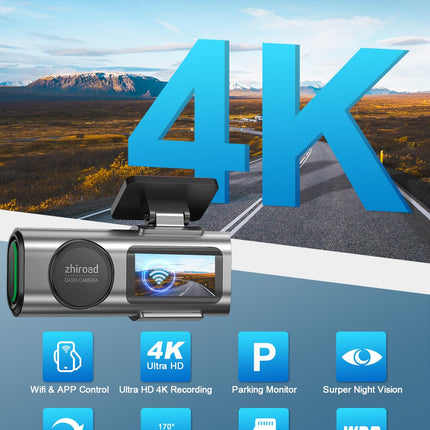 4K WiFi Dashcam Car Front, App Control Car Dashcam with 64G SD Card and Detachable Mount, 1.47" IPS Screen, 170° Super Wide Angle, Night Vision, WDR, G-Sensor, Loop Recording, 24H Parking Monitoring